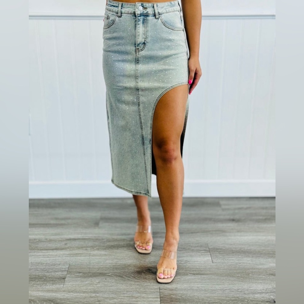 NWT’s Blue B Crystal Studded Denim Skirt with High Cut Out